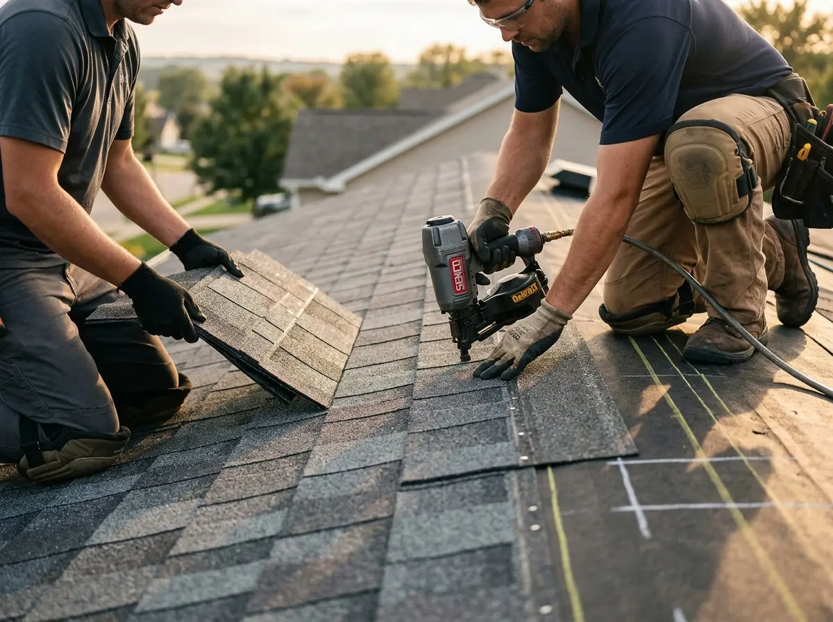 Professional roofer working on a residential roof in World Golf Village